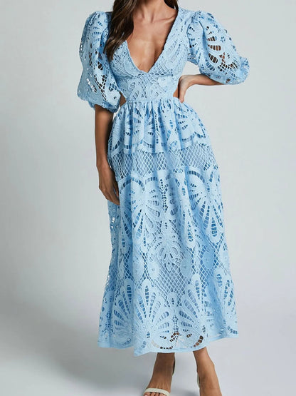 Cutout Back Lace Crochet V-Neck Dress - Tigbul's Variety Fashion Shop