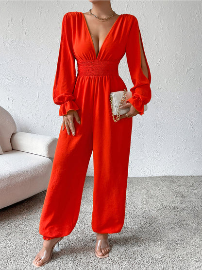 Size Medium Red/Orange Smocked Long Sleeve Jumpsuit | Tigbuls