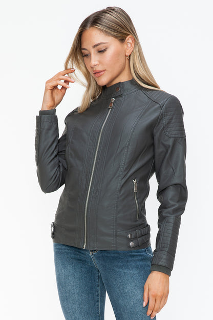 Charcoal Faux Leather Biker Jacket with Side Zip Pockets