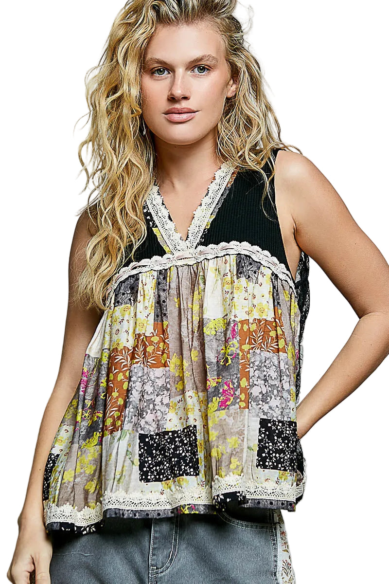 POL Floral Black V-Neck Sheer Tank with Lace Trim | Tigbuls Variety