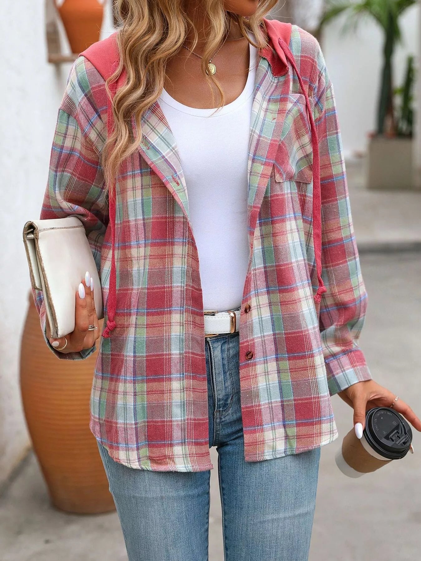 Hooded Plaid Button-Up Shirt - Tigbul's Variety Fashion Shop