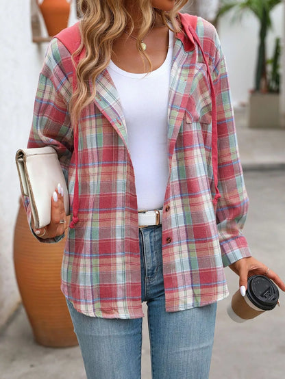 Hooded Plaid Button-Up Shirt - Tigbul's Variety Fashion Shop