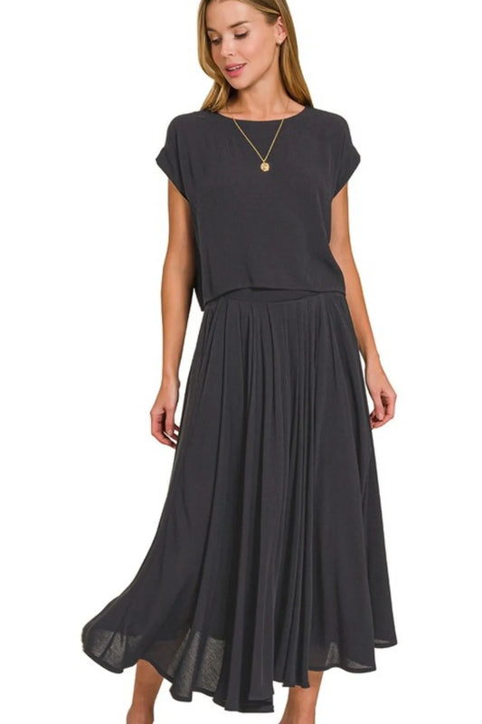 Black Woven Crinkle Gauze Crop Tee and Skirt Set - Tigbul's Variety Fashion Shop