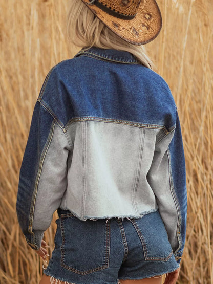 Color Block Patchwork Raw Hem Denim Jacket - Tigbul's Variety Fashion Shop