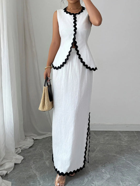 Contrast Scalloped Trim Sleeveless Top and Skirt Set - Tigbul's Variety Fashion Shop