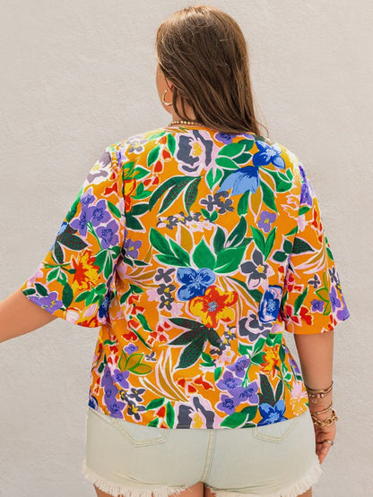 Plus Size Printed Tie Neck Half Sleeve Blouse - Tigbul's Variety Fashion Shop