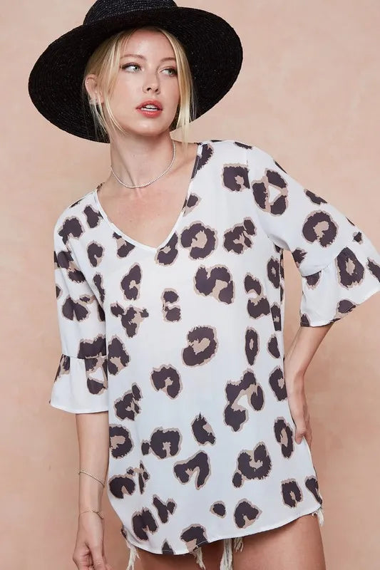 BiBi Leopard Printed V Neck Woven Top with Ruffled - Tigbul's Variety Fashion Shop