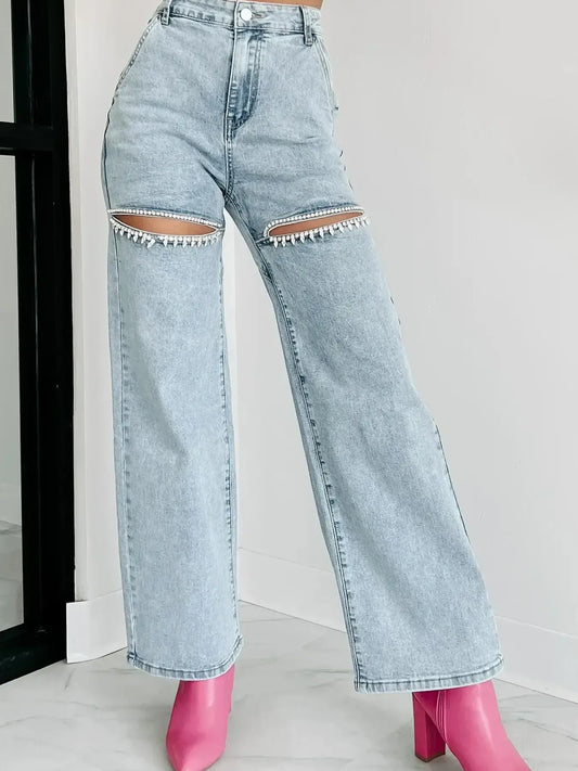 High Waist Cut-Out Wide Leg Jeans - Tigbul's Variety Fashion Shop