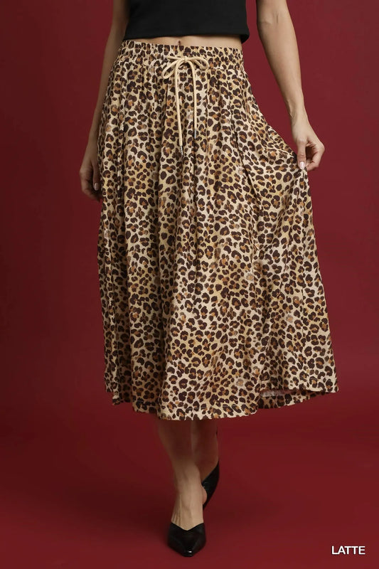 Umgee Drawstring Leopard Midi Skirt - Tigbul's Variety Fashion Shop