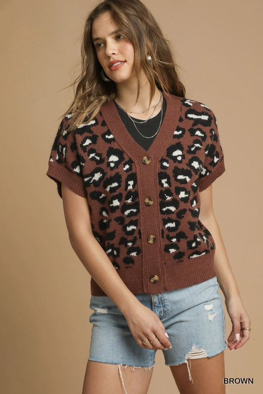 Umgee Leopard Button Down Short Sleeve Cardigan - Tigbul's Variety Fashion Shop