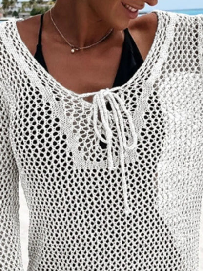 Openwork Long Sleeve Knit Cover Up - Tigbul's Variety Fashion Shop