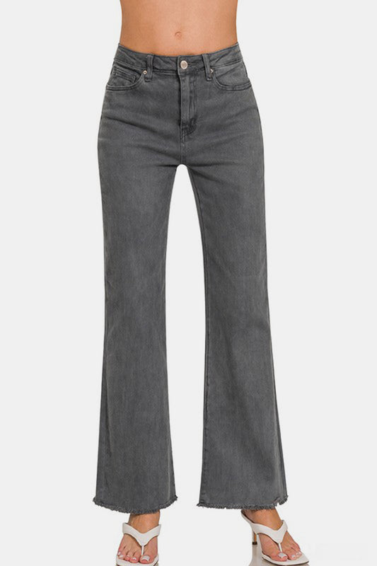 Dark Grey Acid Washed Frayed Hem Bootcut Jeans - Tigbul's Variety Fashion Shop