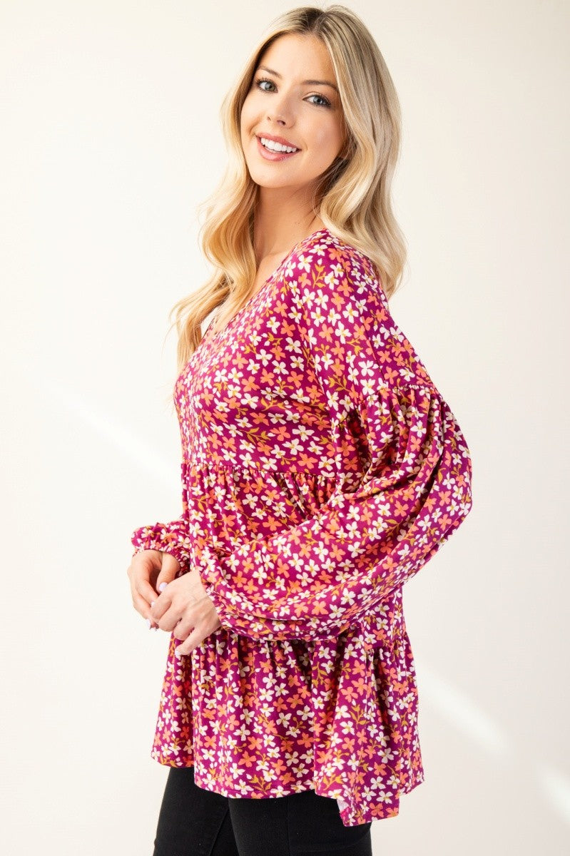 Celeste Full Size Floral V-Neck Balloon Sleeve Blouse - Tigbul's Variety Fashion Shop