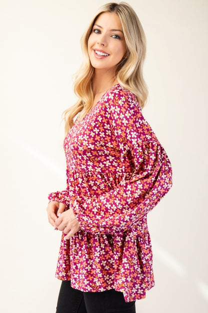 Celeste Full Size Floral V-Neck Balloon Sleeve Blouse - Tigbul's Variety Fashion Shop