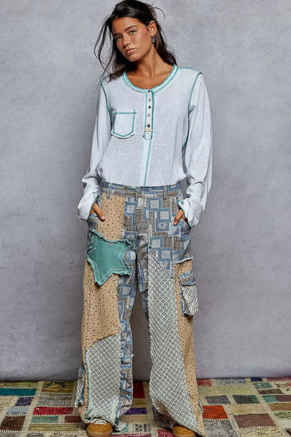 POL Round Neck Long Sleeve Top with Contrast Stitching - Tigbul's Variety Fashion Shop