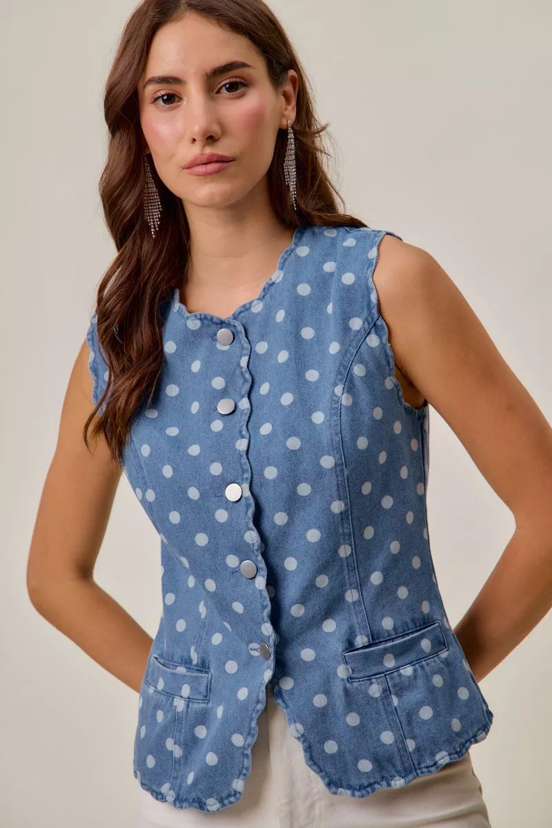 Polka Dot Blue Denim Scallop Edge Button Down Vest Top - Tigbul's Variety Fashion Shop