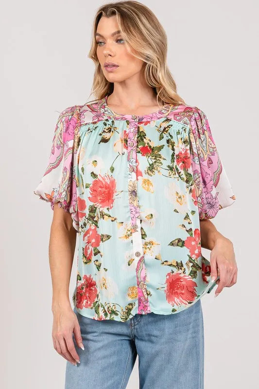 Plus Size Floral Mineral Wash Blue French Terry Button Up Shirt - Tigbul's Variety Fashion Shop