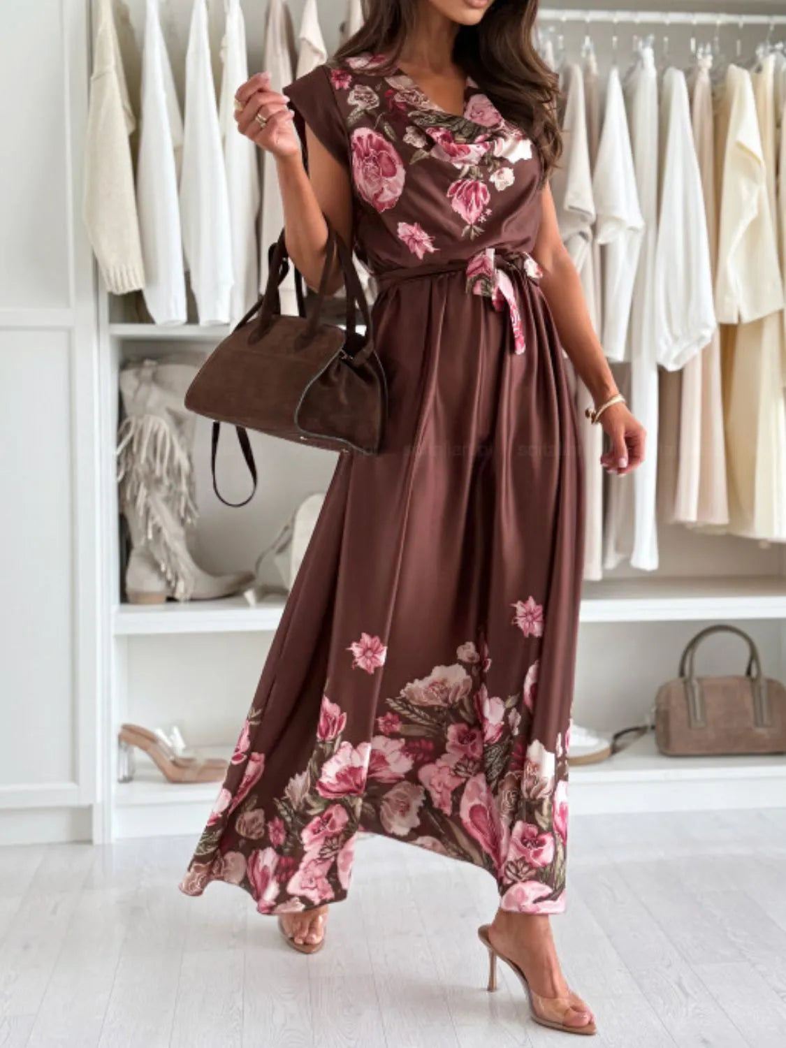 Tie Waist Floral Cap Sleeve Dress - Tigbul's Variety Fashion Shop