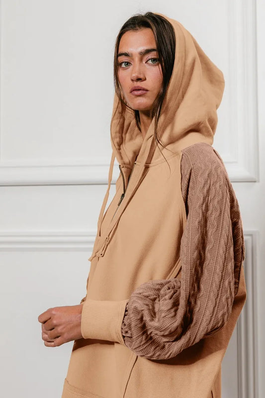 BiBi Half Zip French Terry Hoodie with Kint Sleeves - Tigbul's Variety Fashion Shop