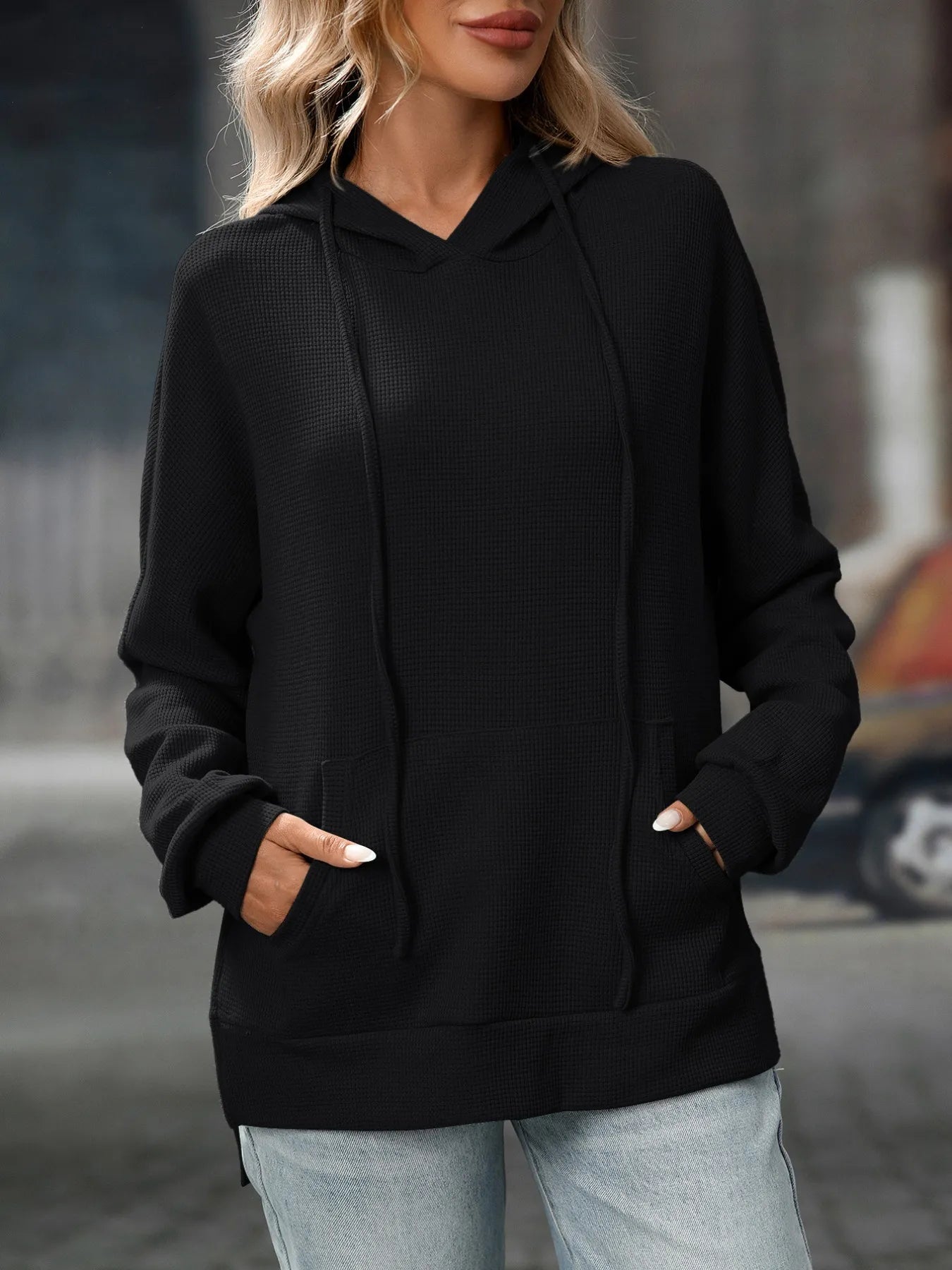 Textured Drawstring Long Sleeve Hoodie - Tigbul's Variety Fashion Shop