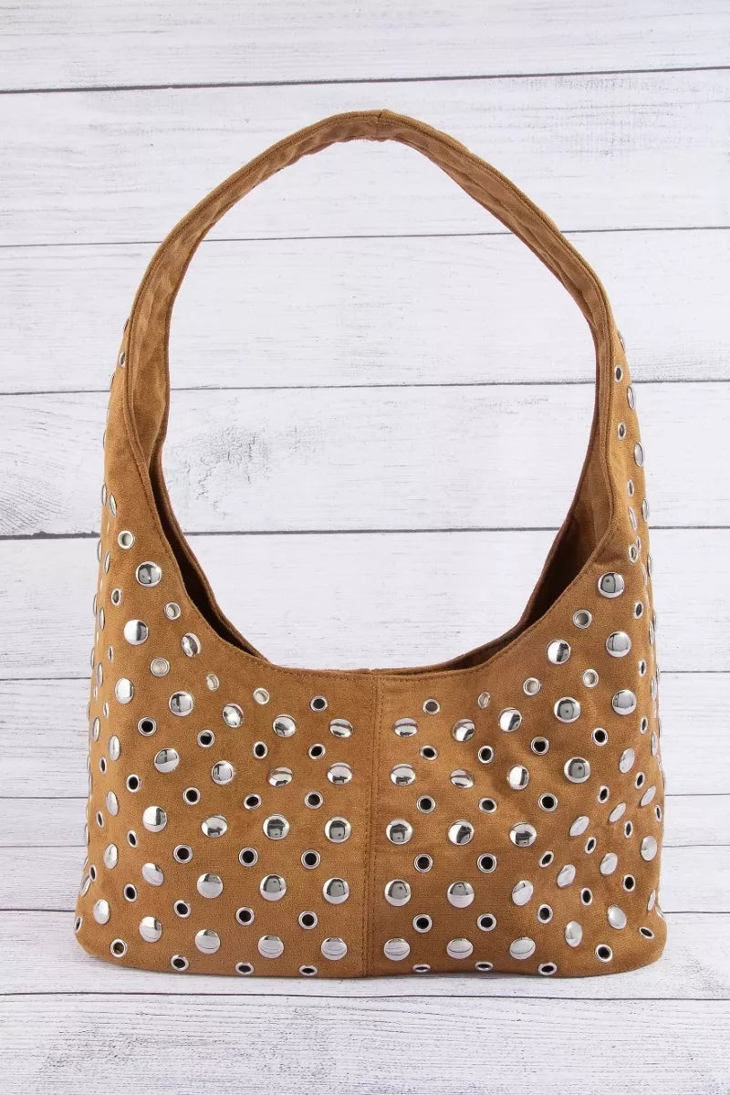 Brown multi-rivet studded shoulder bag with curved top handles