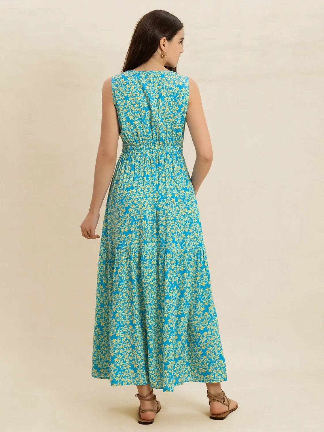 Teal Printed V-Neck Sleeveless Dress - Tigbul's Variety Fashion Shop