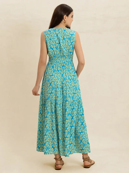 Teal Printed V-Neck Sleeveless Dress - Tigbul's Variety Fashion Shop