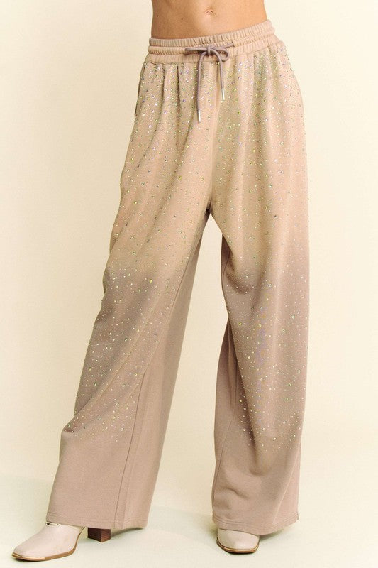 Tan Rhinestone Drawstring Wide Leg Pants - Tigbul's Variety Fashion Shop