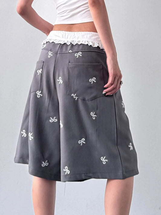 Bow Print Wide Leg Shorts with Contrast Ruffle Waistband - Tigbul's Variety Fashion Shop