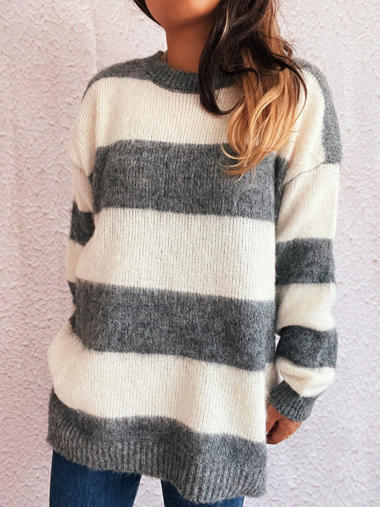 Striped Contrast Long Sleeve Sweater - Tigbul's Variety Fashion Shop