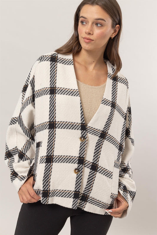 HYFVE Plaid Long Sleeve Jacket with Side Slit Pockets - Tigbul's Variety Fashion Shop