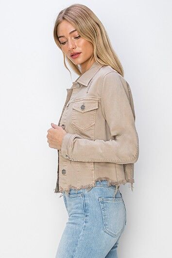 Khaki Raw Hem Button Up Cropped Denim Jacket | Tigbuls