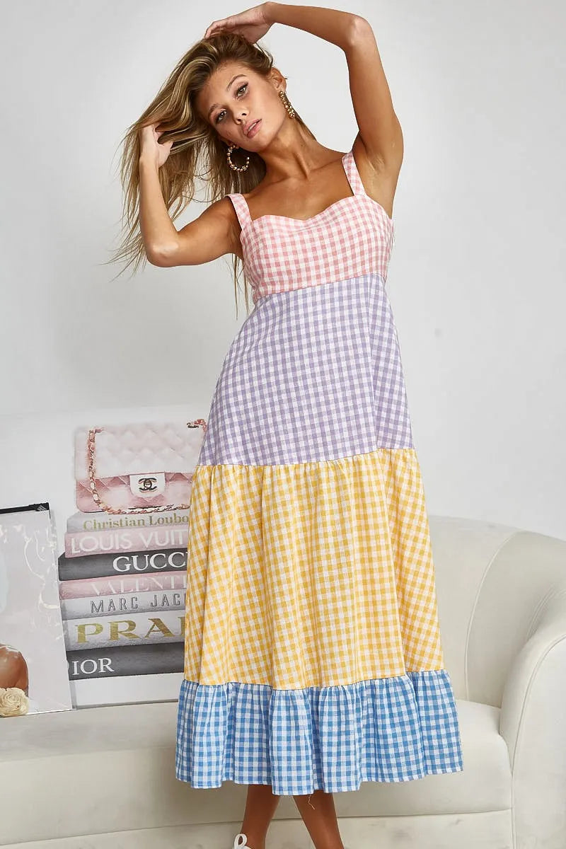 Color Block Tiered Gingham Dress - Tigbul's Variety Fashion Shop