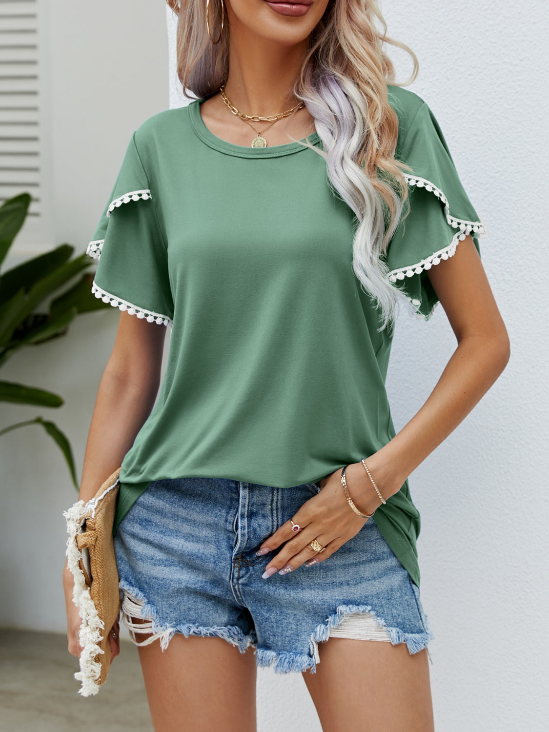 Pom-Pom Trim Flutter Sleeve Round Neck T-Shirt - Tigbul's Variety Fashion Shop