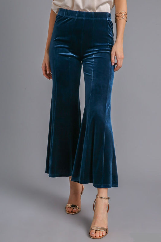 Blue High Rise Elastic Waist Flare Pants - Tigbul's Variety Fashion Shop