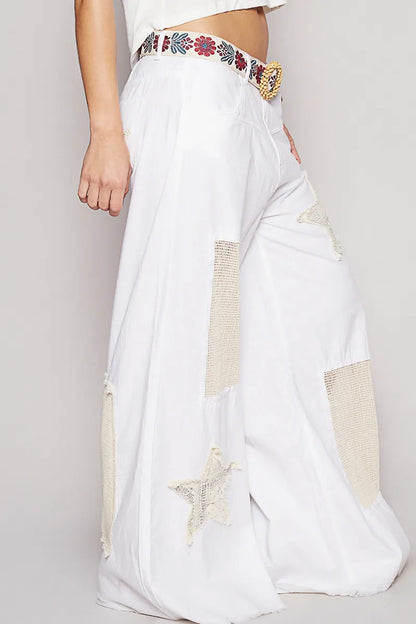 POL Raw Hem Star Patch Wide Leg Pants - Tigbul's Variety Fashion Shop