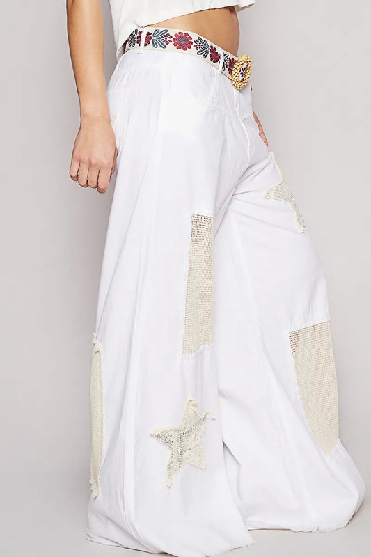 POL Raw Hem Star Patch Wide Leg Pants - Tigbul's Variety Fashion Shop