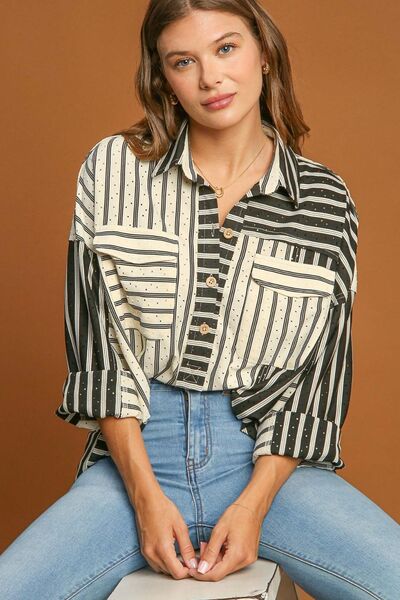 Black Pointelle Stripped Half Button Collared Neck Top - Tigbul's Variety Fashion Shop