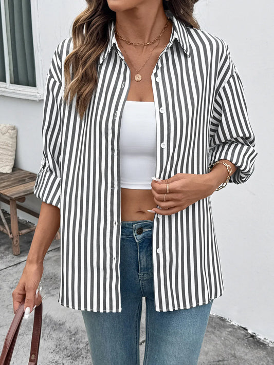 Striped Oversized Button-Up Shirt - Tigbul's Variety Fashion Shop