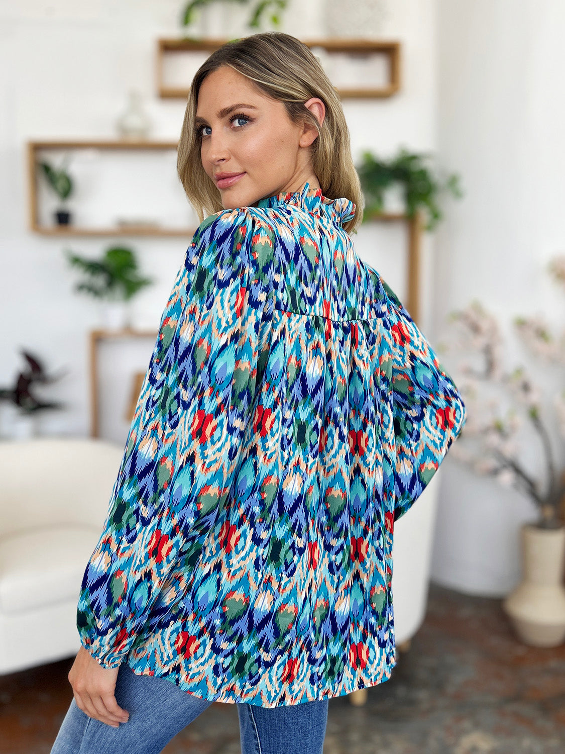 Blue Printed Balloon Sleeve Blouse Small up to 3XL - Tigbul's Variety Fashion Shop