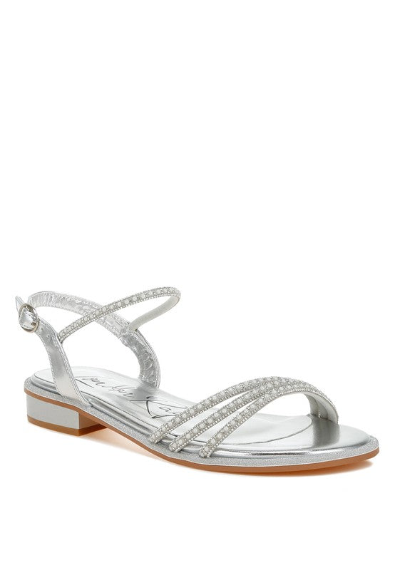 Nobbity Rhinestone Pearl Detail Flat Sandals - Tigbul's Variety Fashion Shop