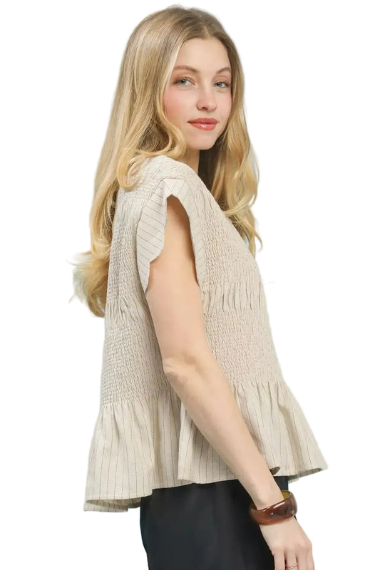 Beige Pinstripe Smocked Peplum Top | Tigbuls Variety Fashion