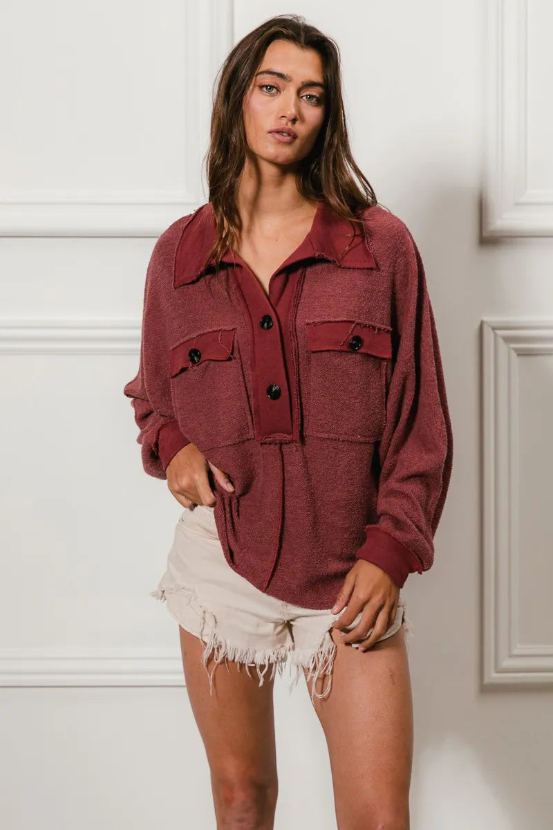 BiBi Cp French Terry Cut Edge Detail Collared Top - Tigbul's Variety Fashion Shop