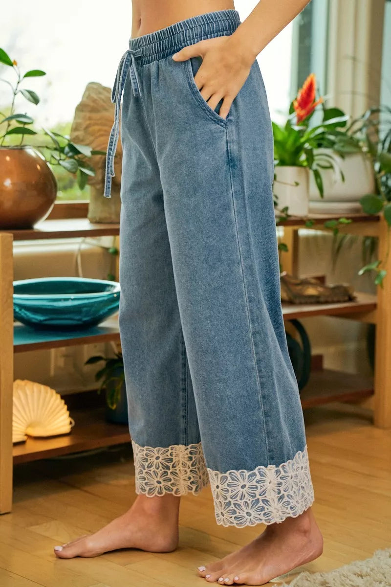 Washed Denim Elastic Waist Flower Lace Trim Pants | Tigbuls