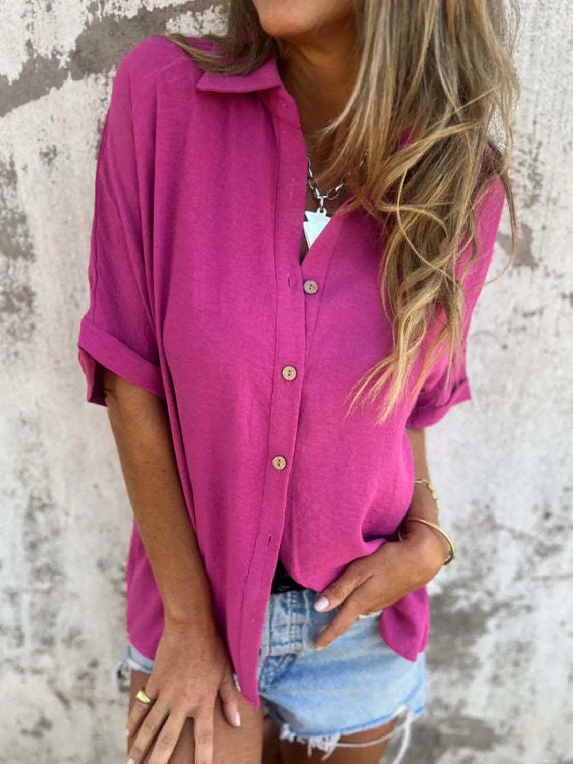 Full Size Collared Neck Half Sleeve Shirt - Tigbul's Variety Fashion Shop