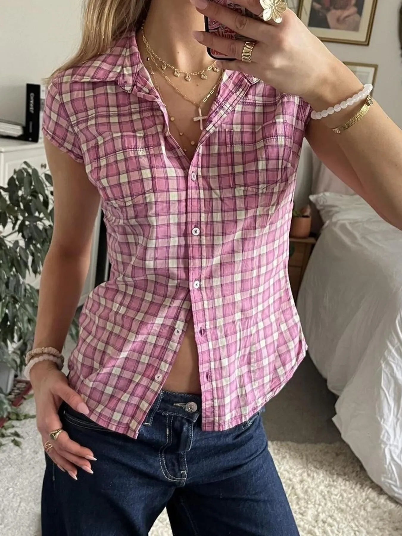 Plaid Cap Sleeve Button-Up Shirt - Tigbul's Variety Fashion Shop