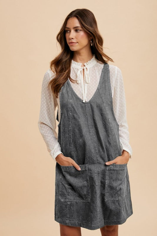 Charcoal Gray V-Neck Adjustable Strap Denim Overall Dress with Pockets - Tigbul's Variety Fashion Shop