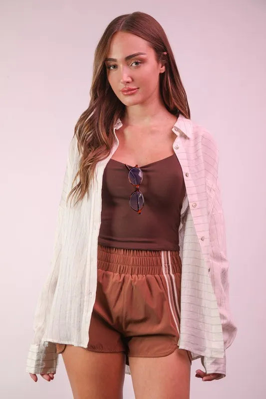 White Plus Size Oversized Striped Button Down Shirt Top - Tigbul's Variety Fashion Shop