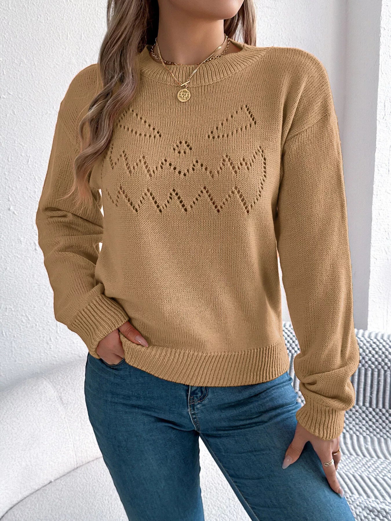 Openwork Round Neck Long Sleeve Sweater - Tigbul's Variety Fashion Shop