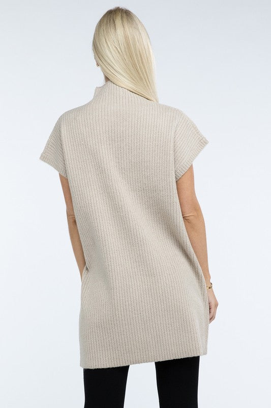 Mock Neck Short Sleeve Sweater Dress with Pocket - Tigbul's Variety Fashion Shop